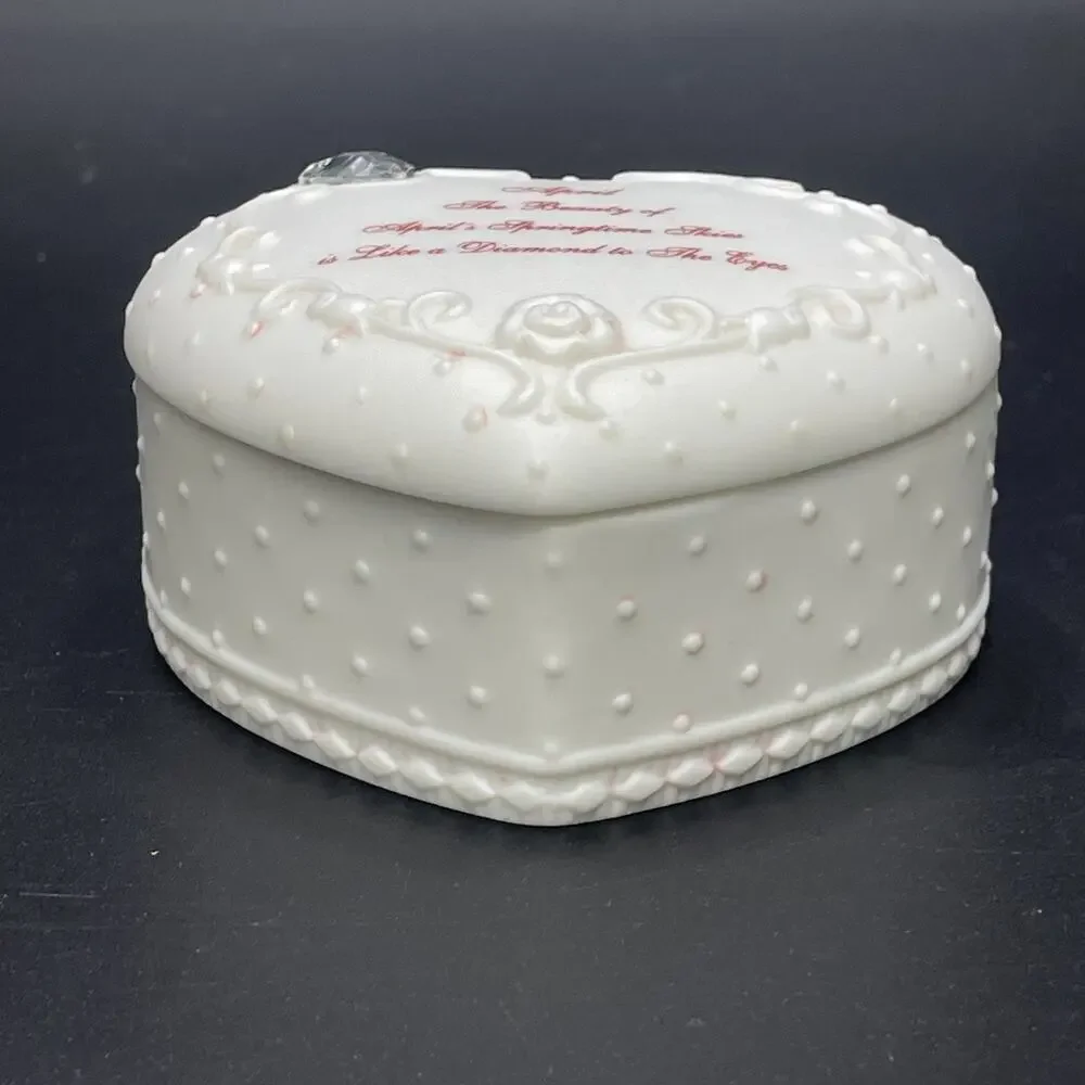 Vtg April's Springtime Skies Porcelain White Heart-Shaped Trinket Box Embossed